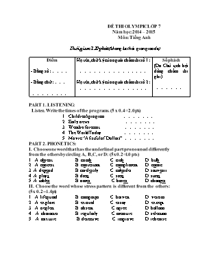 Đề thi olympic môn Tiếng Anh Lớp 7 - Đề 9 - Năm học 2014-2015 - Phòng GD & ĐT Thanh Oai (Có đáp án)